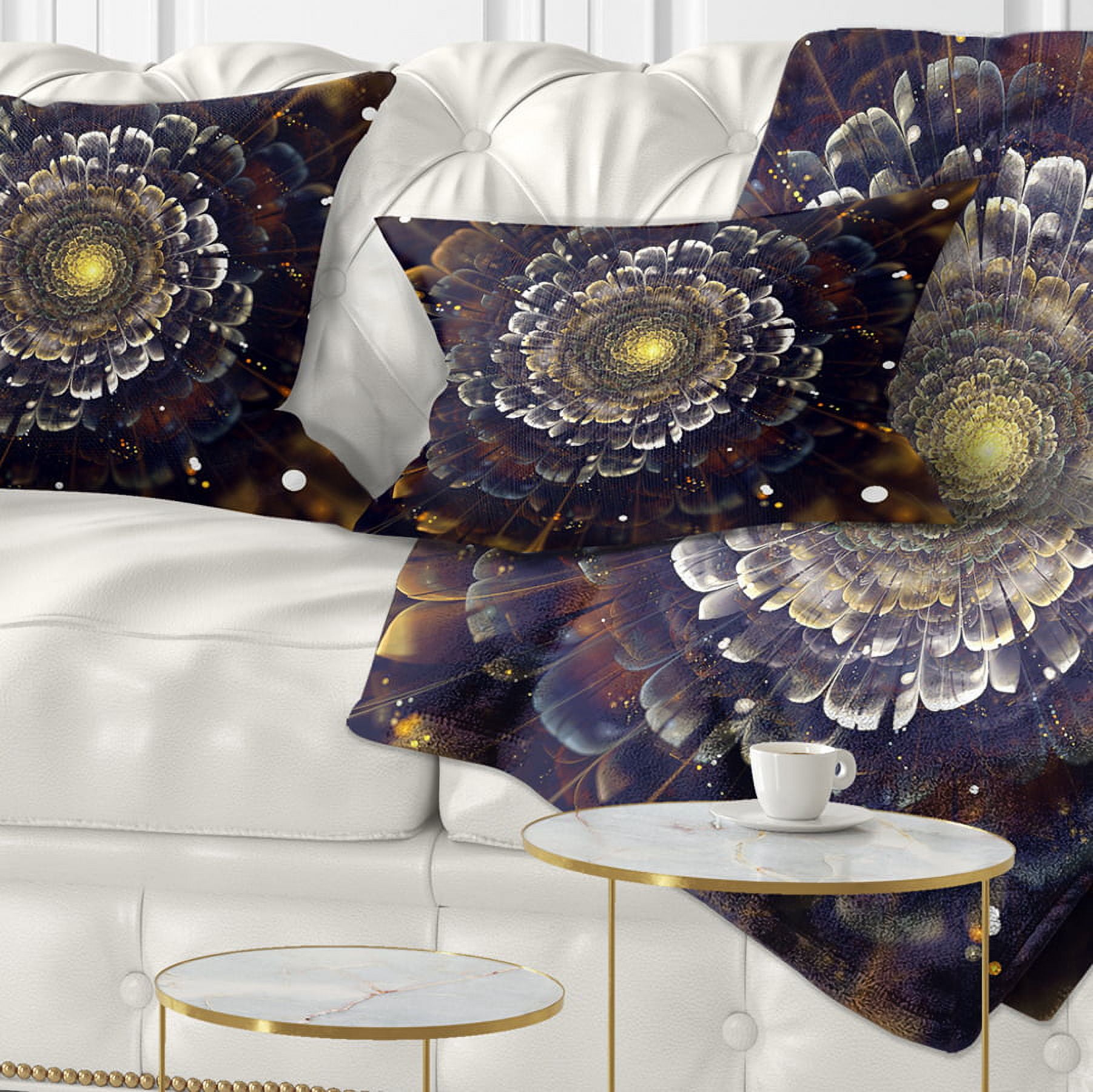 Designart Yellow Fractal Flowers with Violet - Abstract Throw Pillow - 12x20