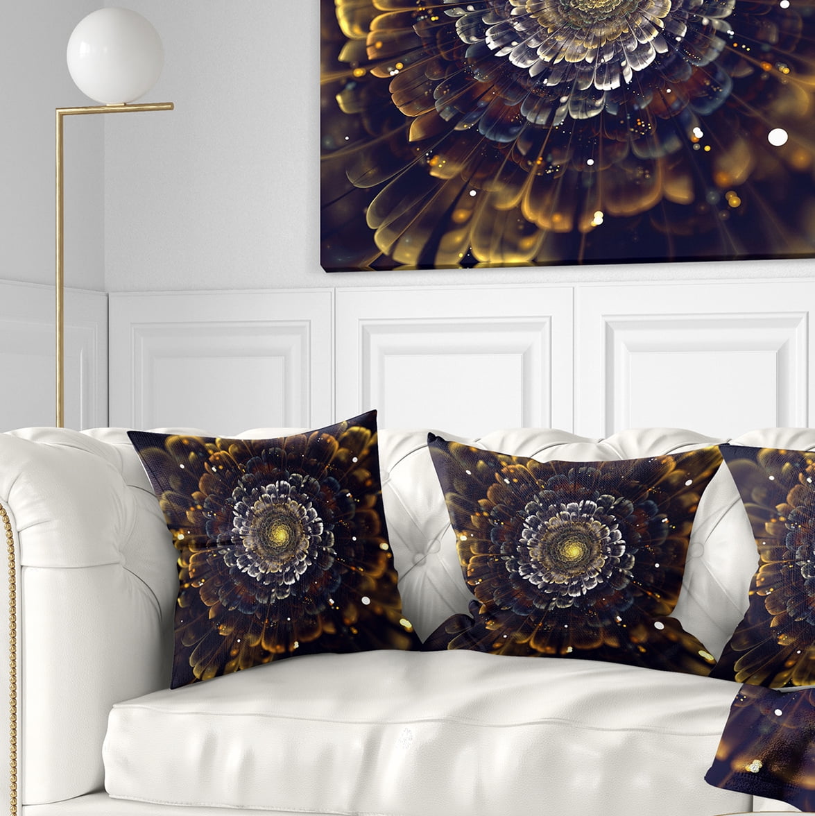 Designart Yellow Fractal Flowers with Violet - Abstract Throw Pillow - 16x16