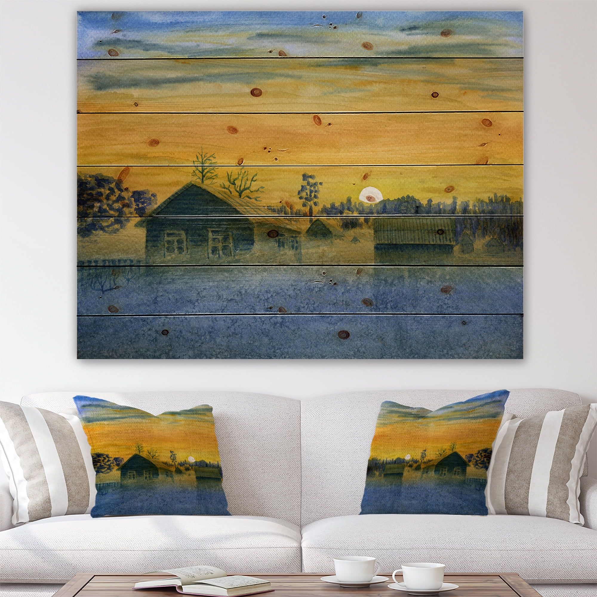Designart 'Yellow Frosty Winter Sunrise in The Village Watercolor' Farmhouse Print on Natural Pine Wood