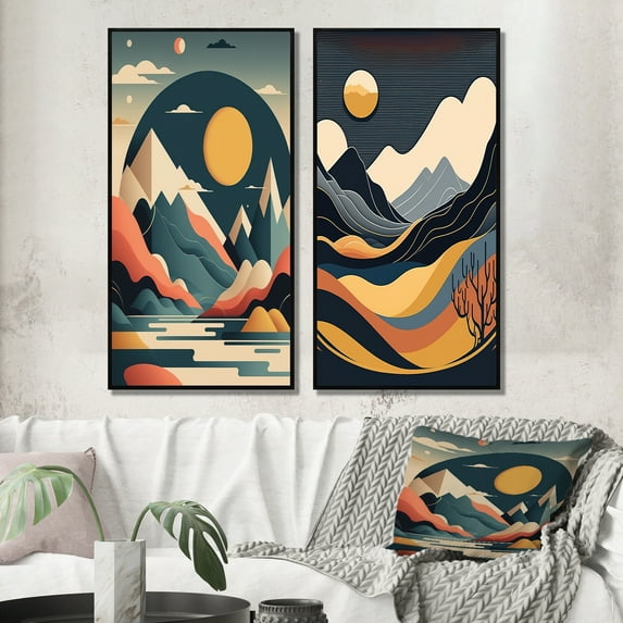 Designart "Yellow Graphic Moon Over Mountain Peaks II" Landscape Mountains Framed Wall Art Set Of 2 - Traditional Yellow Framed Canvas Set For Living Room Decor