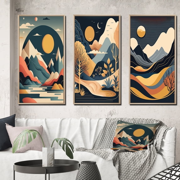 Designart "Yellow Graphic Moon Over Mountain Peaks II" Landscape Mountains Framed Wall Art Set Of 3 - Yellow Mountains Frame Canvas Set For Living Room Decor