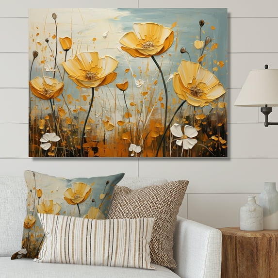 Designart "Yellow Grey Buttercups Golden Glow Collage" Floral Wall Art Living Room