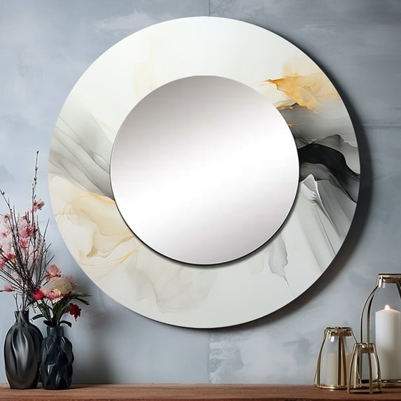 Designart "Yellow Grey Minimalism Calm Abstraction" Abstract Rund Mirror For Wall Decor - Large Yellow Round Print Mirror - Round Modern Mirror - Wall Mounted Round Large Mirror - 23" x 23"
