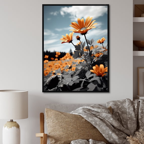 Designart "Yellow Grey Monochrome Sunflower landscape" Floral & Botanical Floater Framed Wall Decor