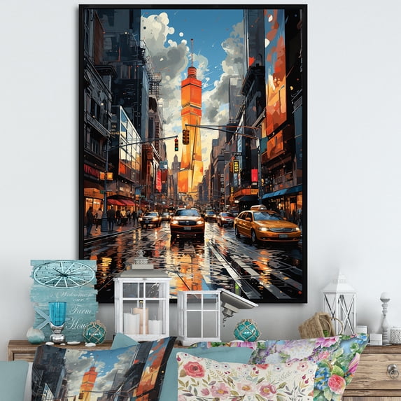 Designart "Yellow Grey New York City composition" Cityscapes Floater Framed Wall Decor