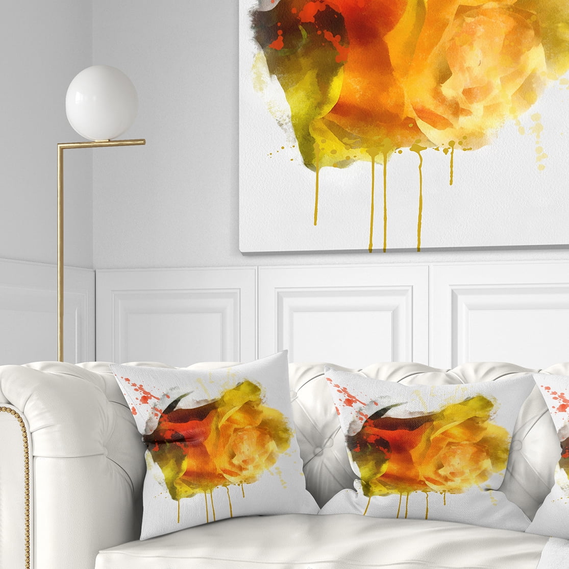 Designart Yellow Hand drawn Rose on White - Floral Throw Pillow - 18x18