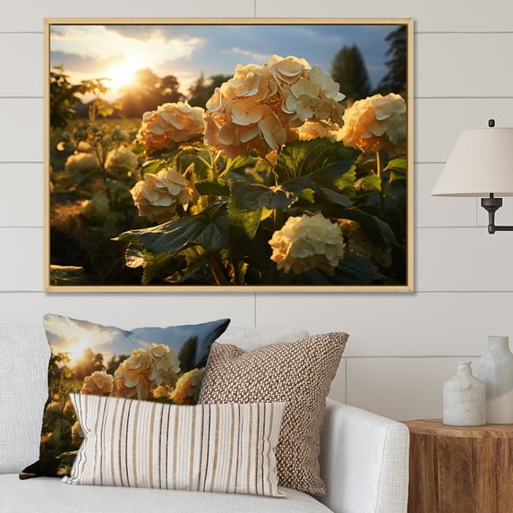 Designart "Yellow Hydrangea landscape" Floral Floater Framed Canvas Print
