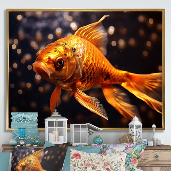 Designart "Yellow Kois Fish Golden II" Animals Floater Framed Wall Art Print