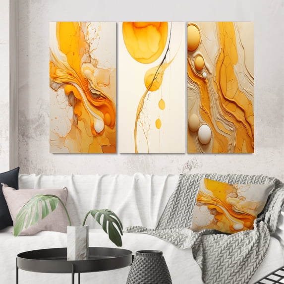 Designart "Yellow Liquid Wave Continuation Undefined III" Abstract Shapes Wall Art Set Of 3 - Transitional Grey Gallery Set For Office Decor