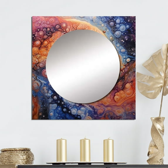 Designart "Yellow Orange Galactic Universe Cosmic Colors" Comets Square Mirror For Wall Decor - Large Yellow Square Printed Wall Mirror Art - Square Modern Mirror - Wall Mounted Square Large Mirror