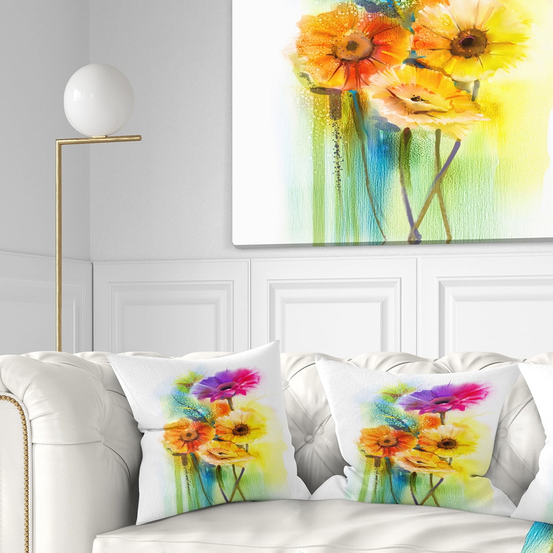 Designart Yellow Orange Purple Gerbera Flowers - Floral Throw Pillow - 16x16