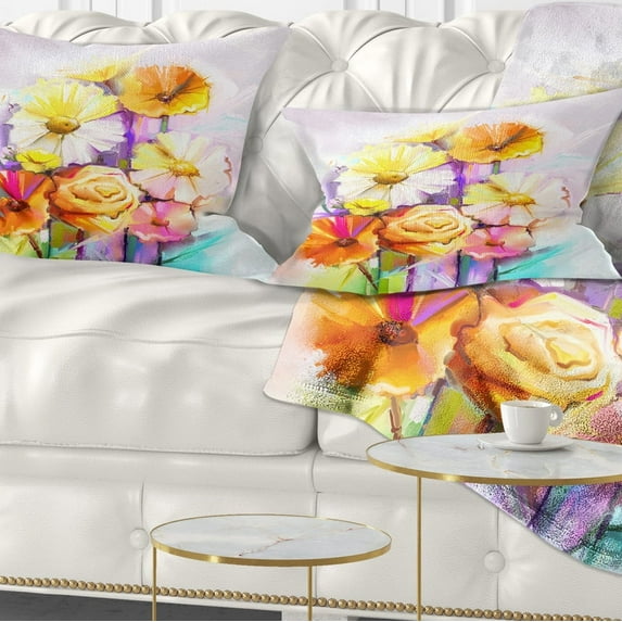Designart Yellow Pink Gerbera and Rose Bouquet - Floral Throw Pillow - 12x20