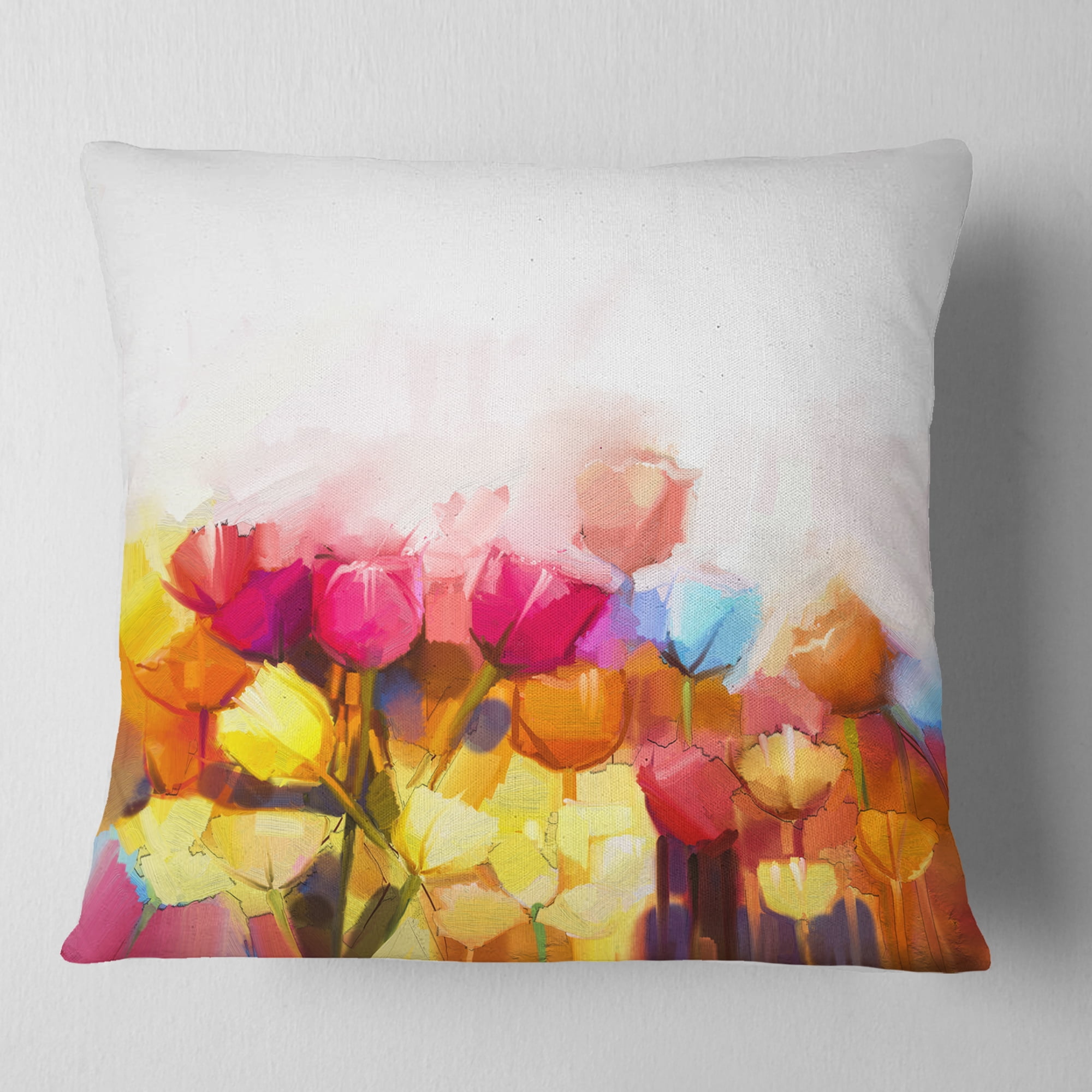 Designart Yellow Pink Red Tulips on White - Floral Throw Pillow - 16x16