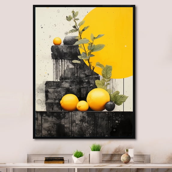 Designart "Yellow Pottery Grey modern Still Lifes I" Abstract Floater Framed Canvas Print