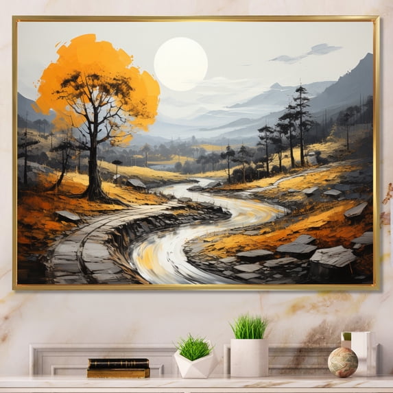 Designart "Yellow Prairies The Road Less Traveled IV" Landscapes Floater Framed Canvas Print