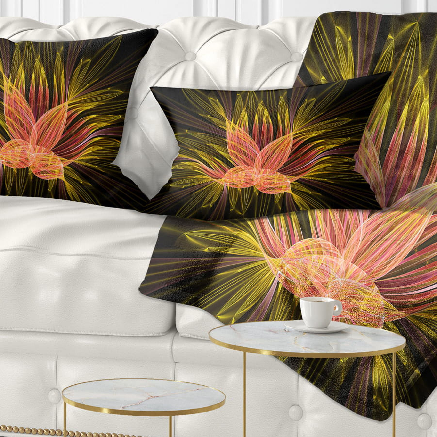 Designart Yellow Red Fractal Flower in Dark - Floral Throw Pillow - 12x20