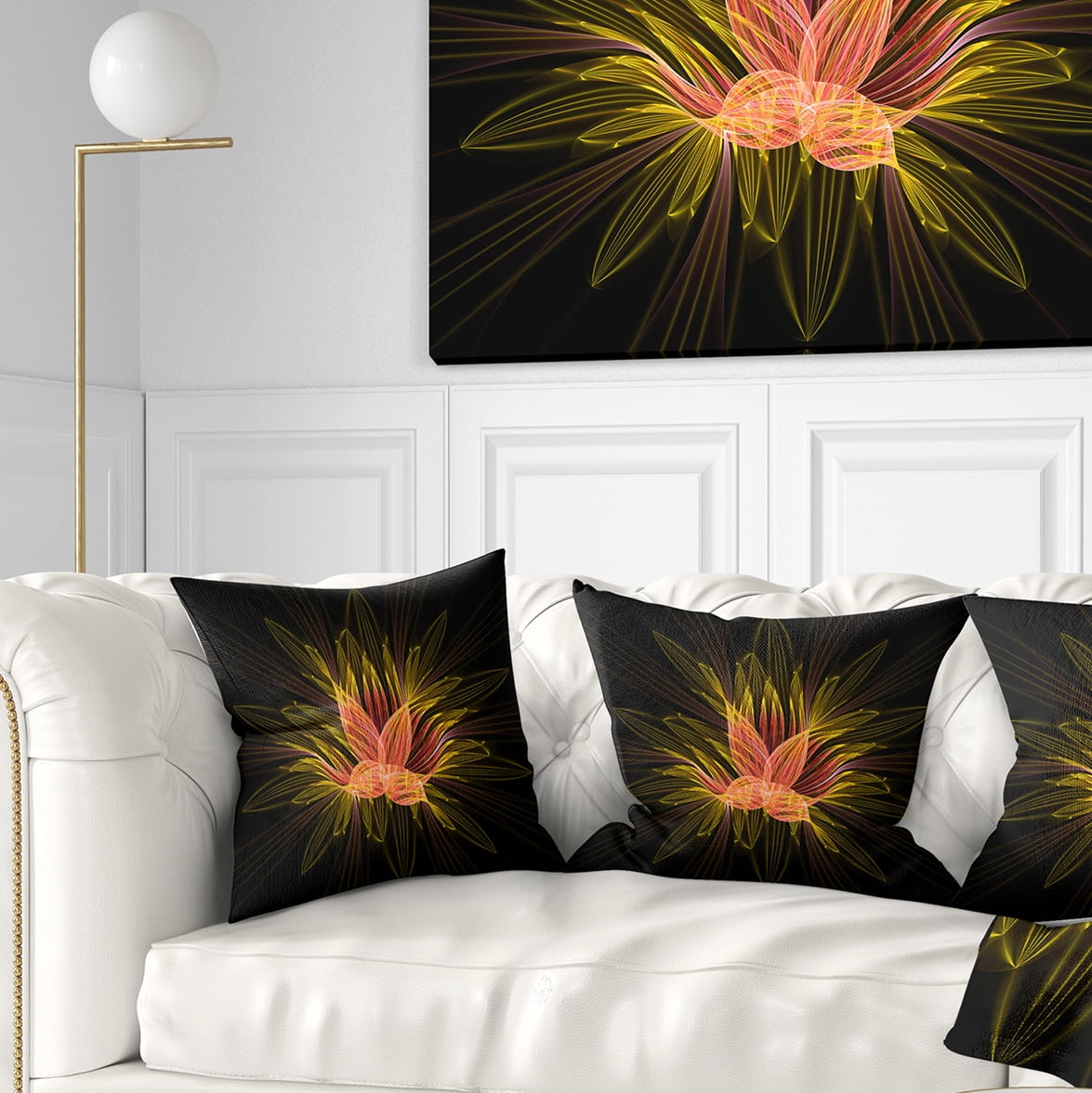 Designart Yellow Red Fractal Flower in Dark - Floral Throw Pillow - 16x16