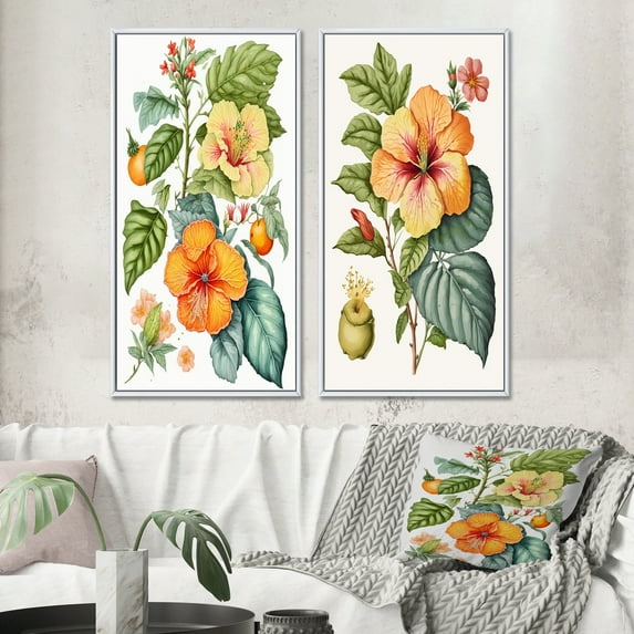 Designart "Yellow Retro Hibiscus in Bloom I" Floral Hibiscus Framed Wall Art Set Of 2 - Traditional Green Frame Gallery Set For Office Decor