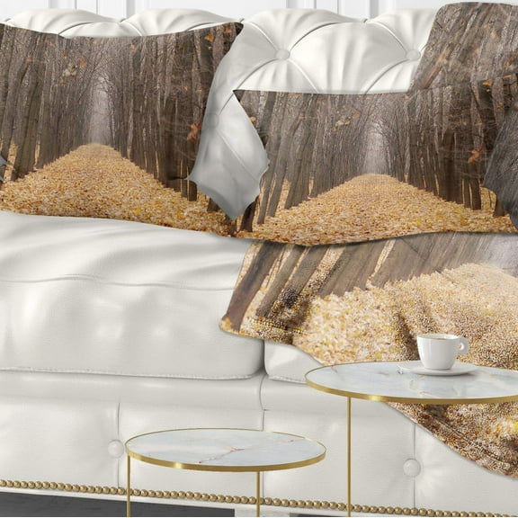 Designart Yellow Road through Fall Forest - Modern Forest Throw Pillow - 12x20
