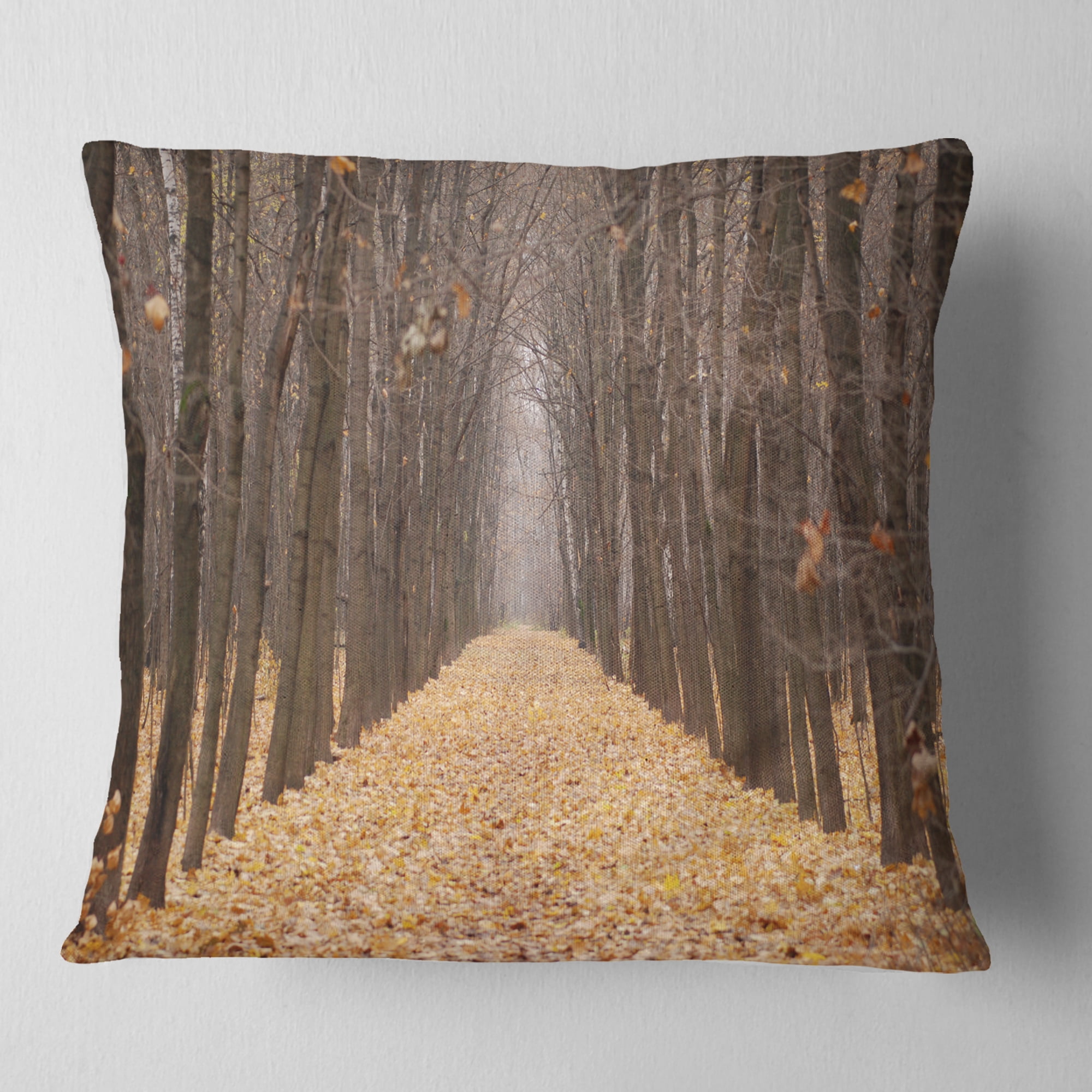 Designart Yellow Road through Fall Forest - Modern Forest Throw Pillow - 16x16
