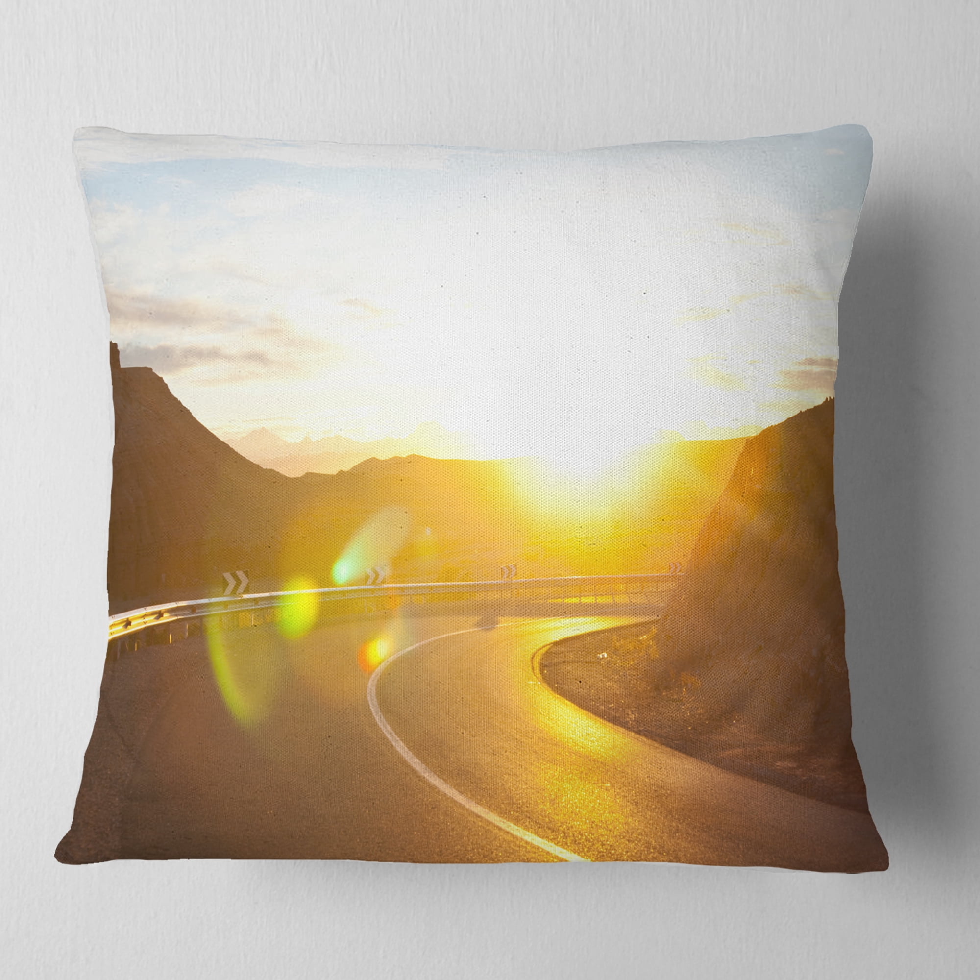 Designart Yellow Road under Sunset - Landscape Printed Throw Pillow - 18x18