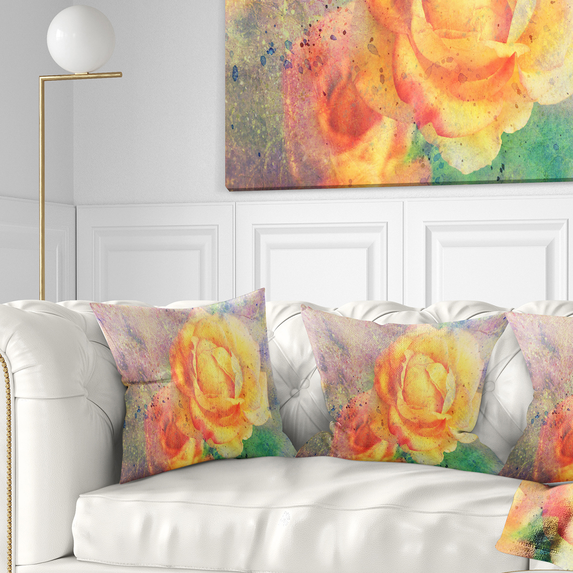 Designart Yellow Rose Watercolor - Floral Throw Pillow - 16x16