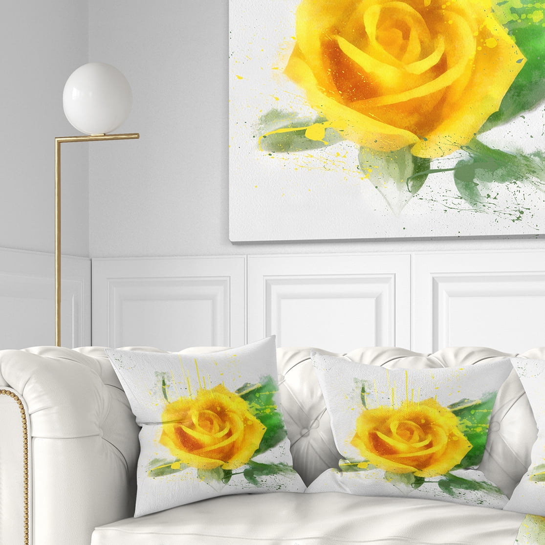 Designart Yellow Rose with Green Leaves Sketch - Floral Throw Pillow - 16x16