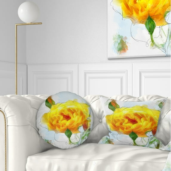 Designart Yellow Rose with Rose Buds Sketch - Floral Throw Pillow - 12x20