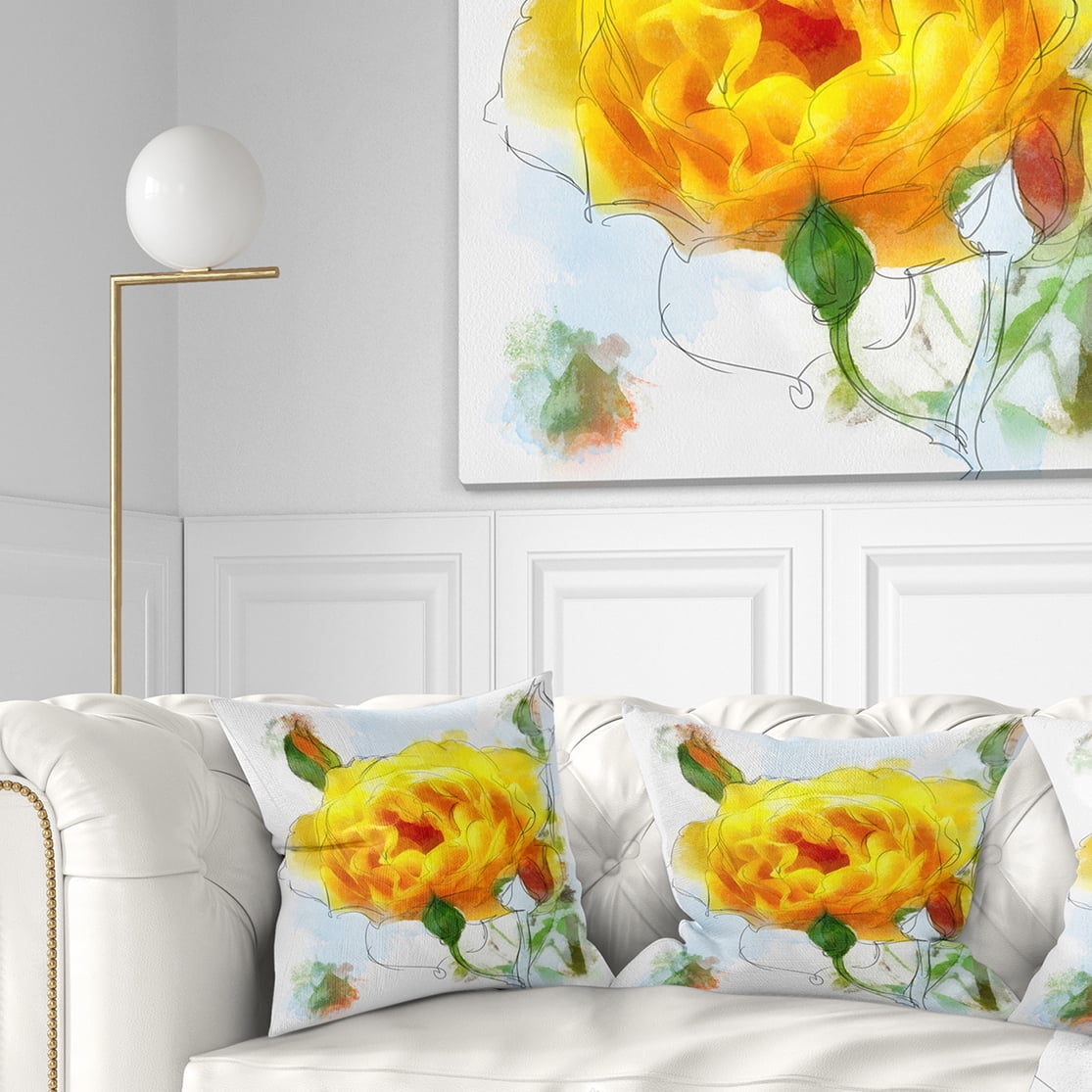 Designart Yellow Rose with Rose Buds Sketch - Floral Throw Pillow - 16x16