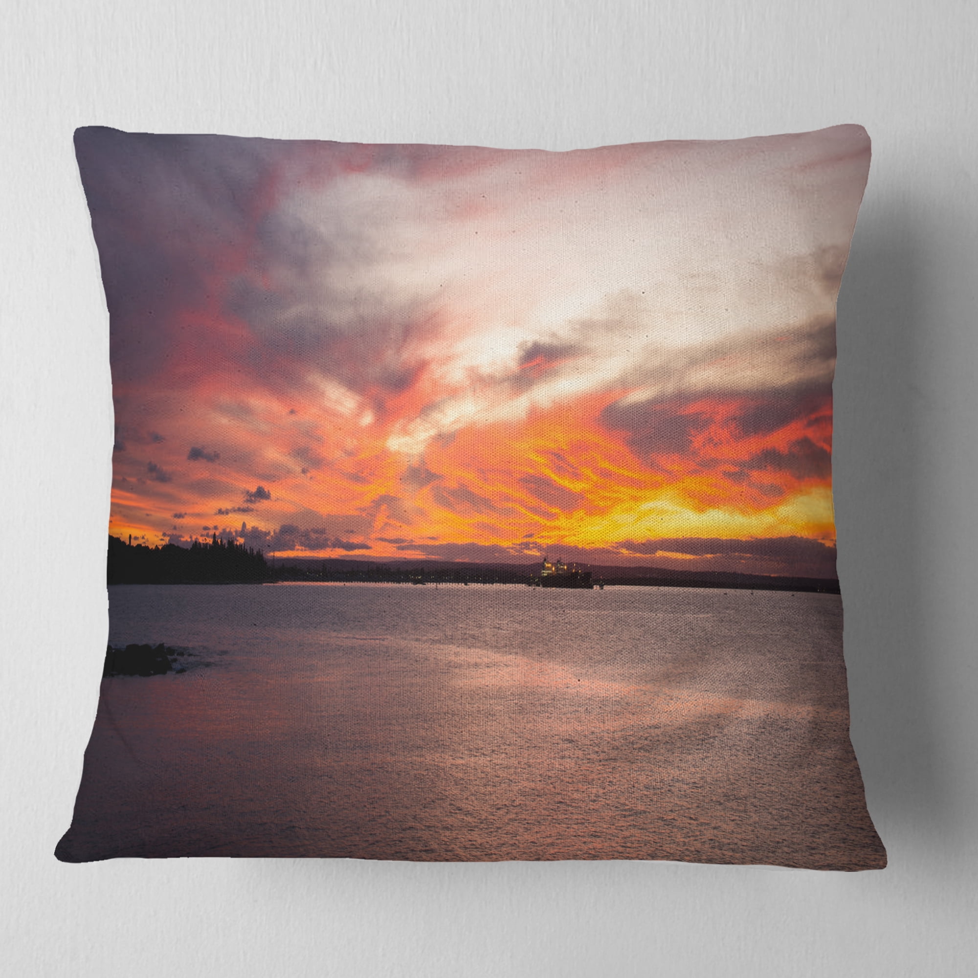 Designart Yellow Sky Over Calm Sydney Coast - Seashore Throw Pillow - 18x18