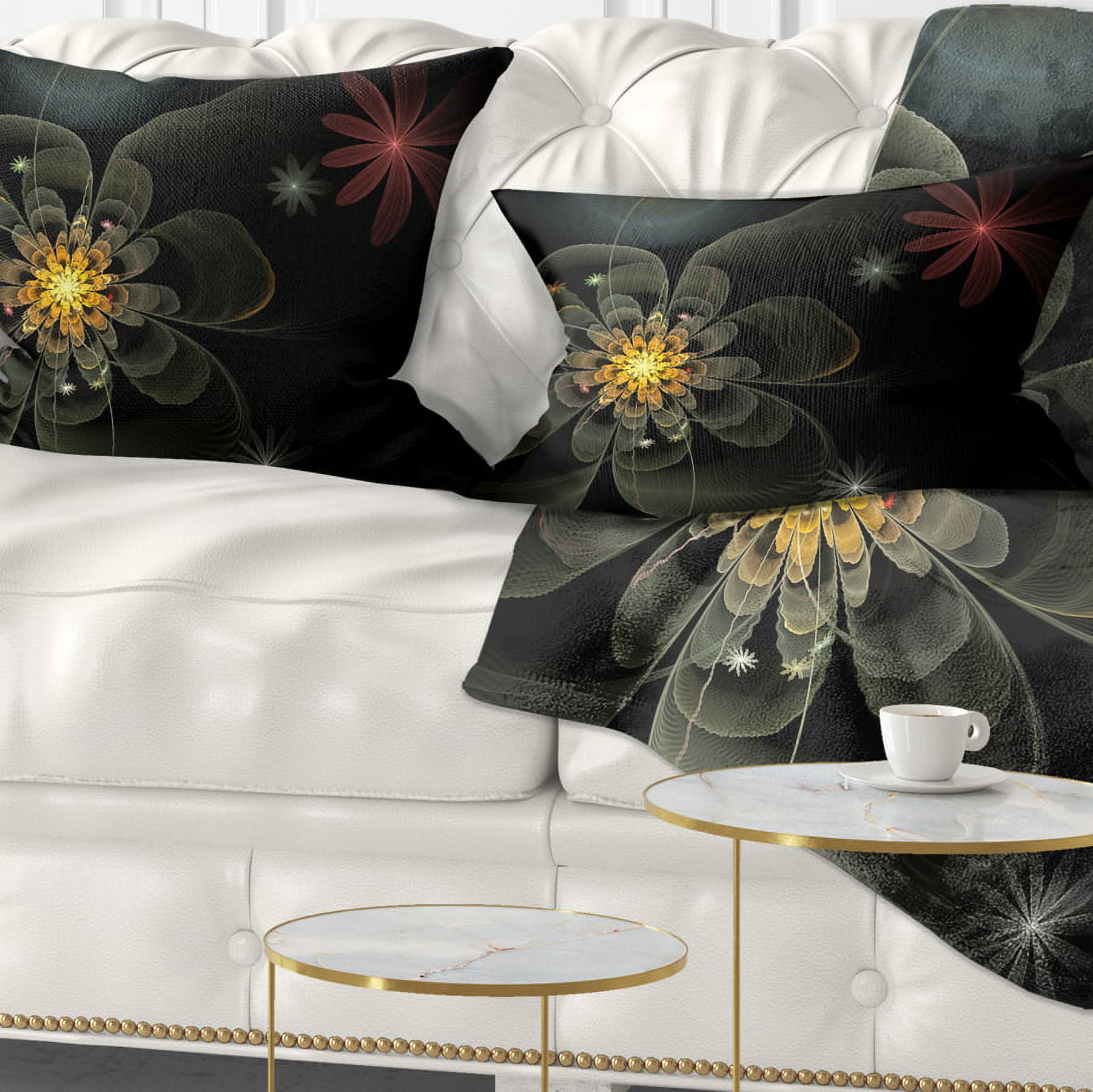 Designart Yellow Small Fractal Flower in Black - Floral Throw Pillow - 12x20