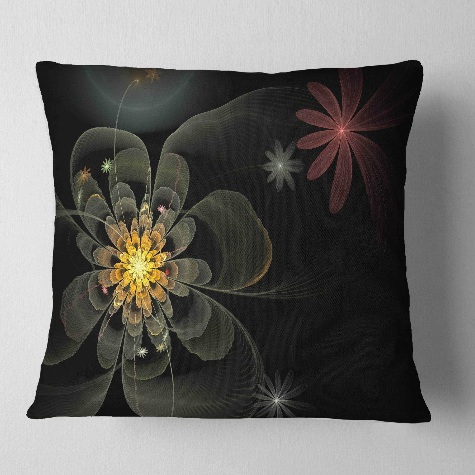 Designart Yellow Small Fractal Flower in Black - Floral Throw Pillow - 16x16