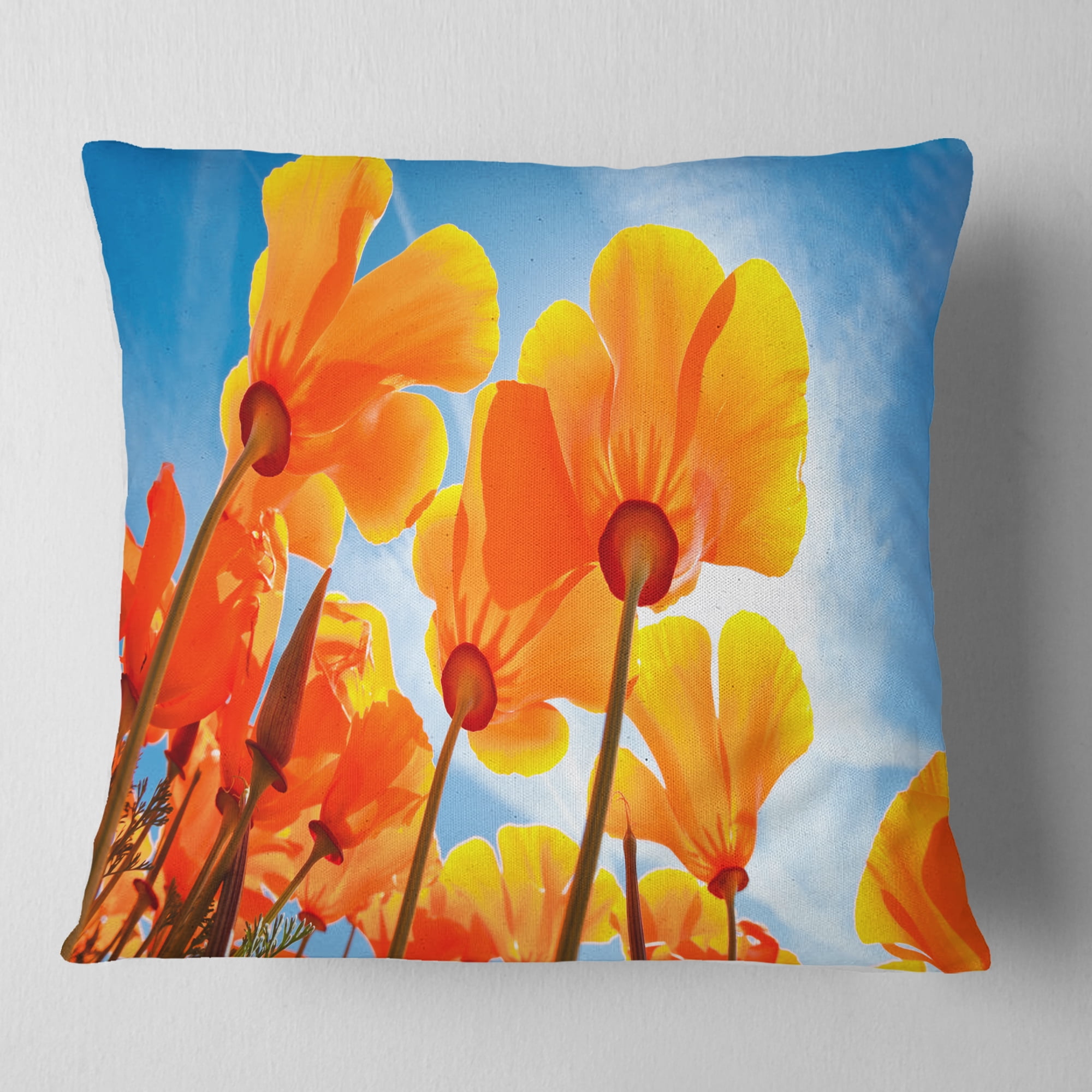 Designart Yellow Spring Flowers on Blue - Floral Throw Pillow - 18x18