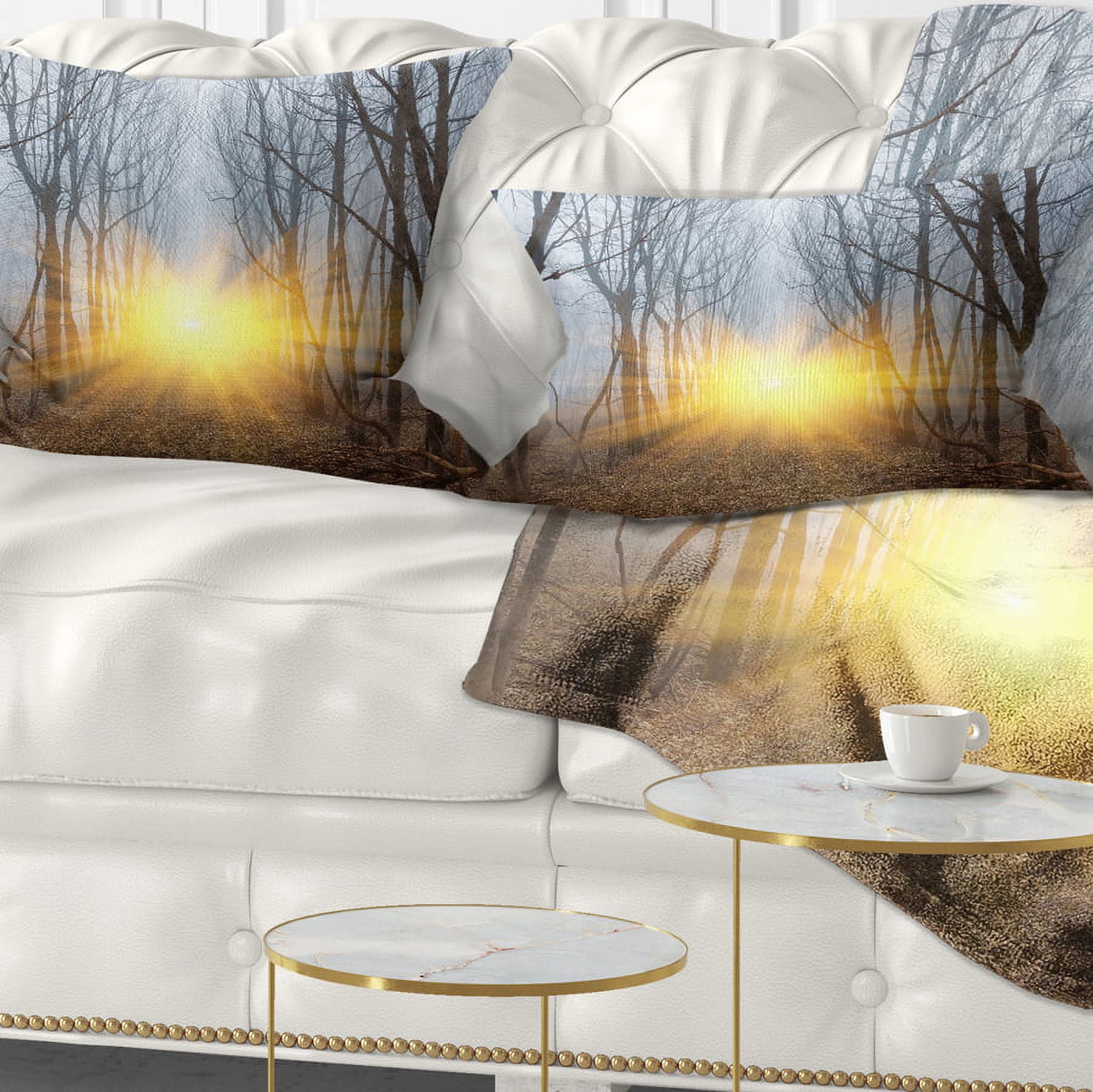 Designart Yellow Sun Rays in Misty Forest - Landscape Photography Throw Pillow - 12x20