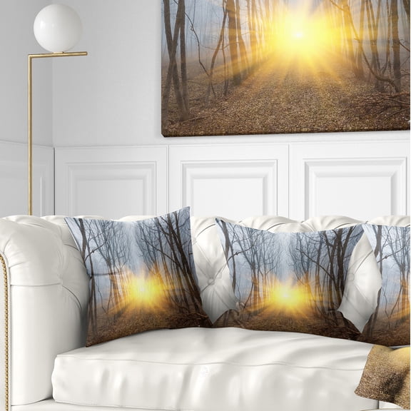 Designart Yellow Sun Rays in Misty Forest - Landscape Photography Throw Pillow - 16x16