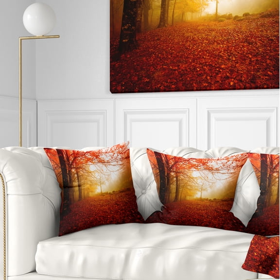 Designart Yellow Sun Rays in Red Forest - Landscape Photography Throw Pillow - 18x18