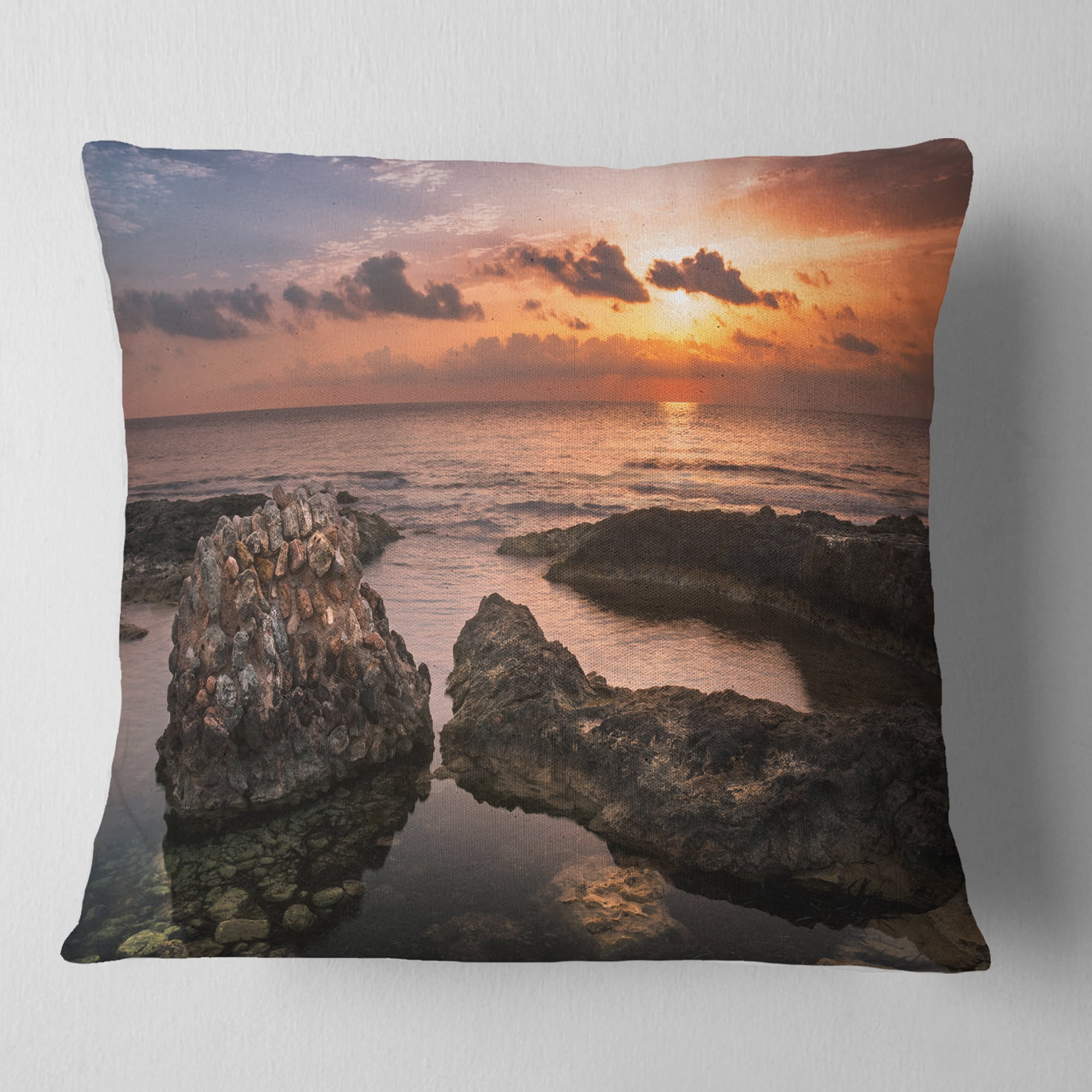 Designart Yellow Sun over Ancient Ruins - Oversized Beach Throw Pillow - 16x16