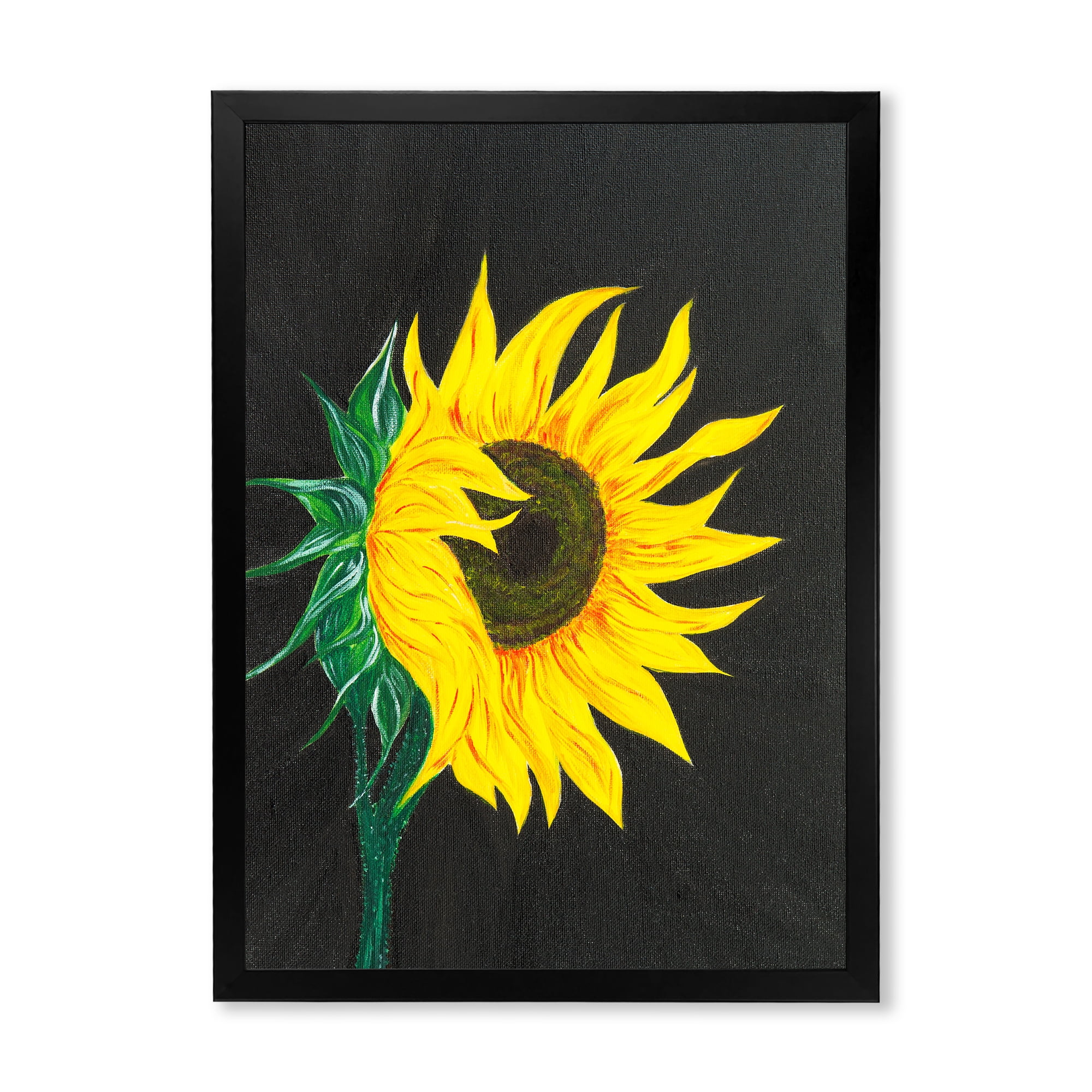 Designart 'Yellow Sunflower On Black' Traditional Framed Art Print