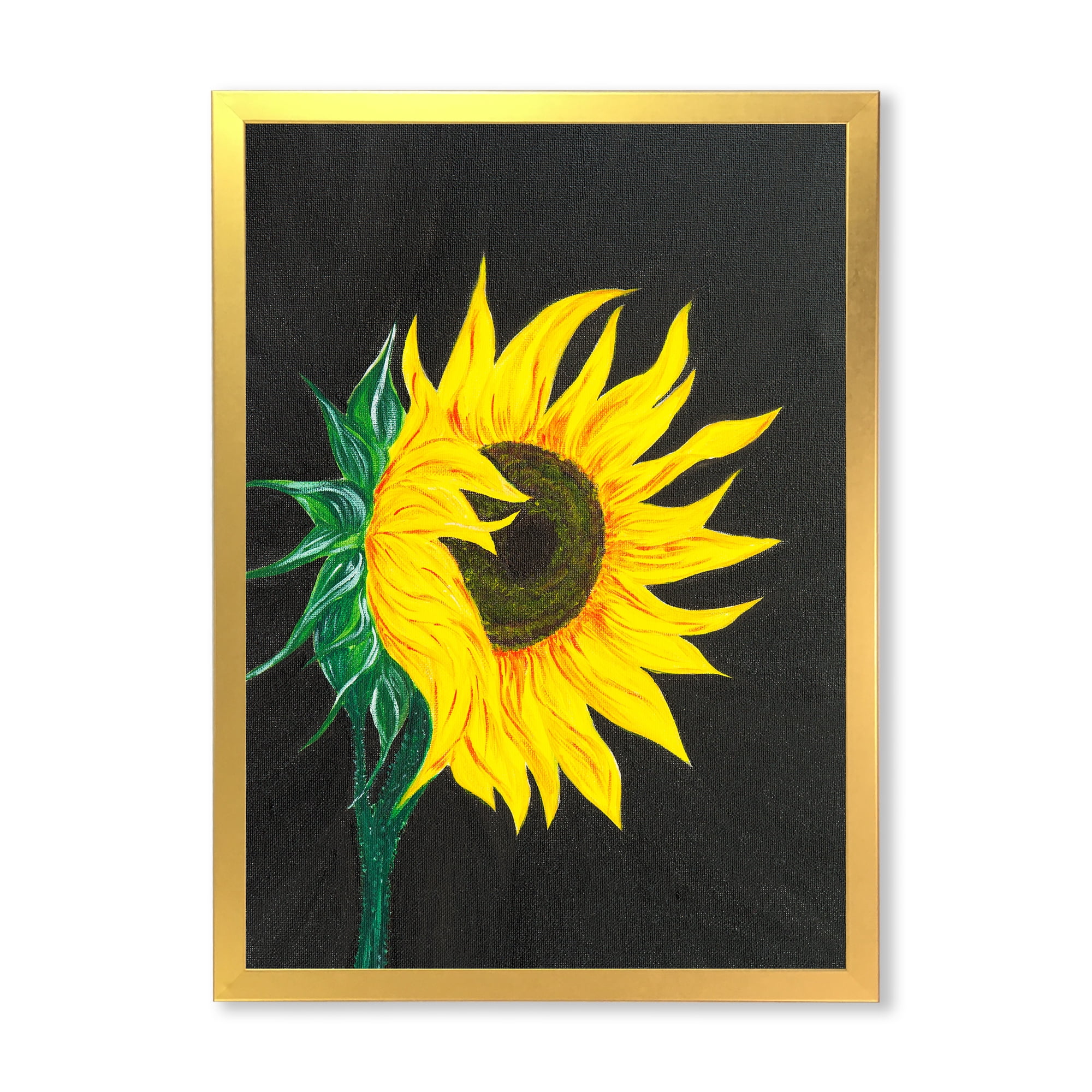 Designart 'Yellow Sunflower On Black' Traditional Framed Art Print