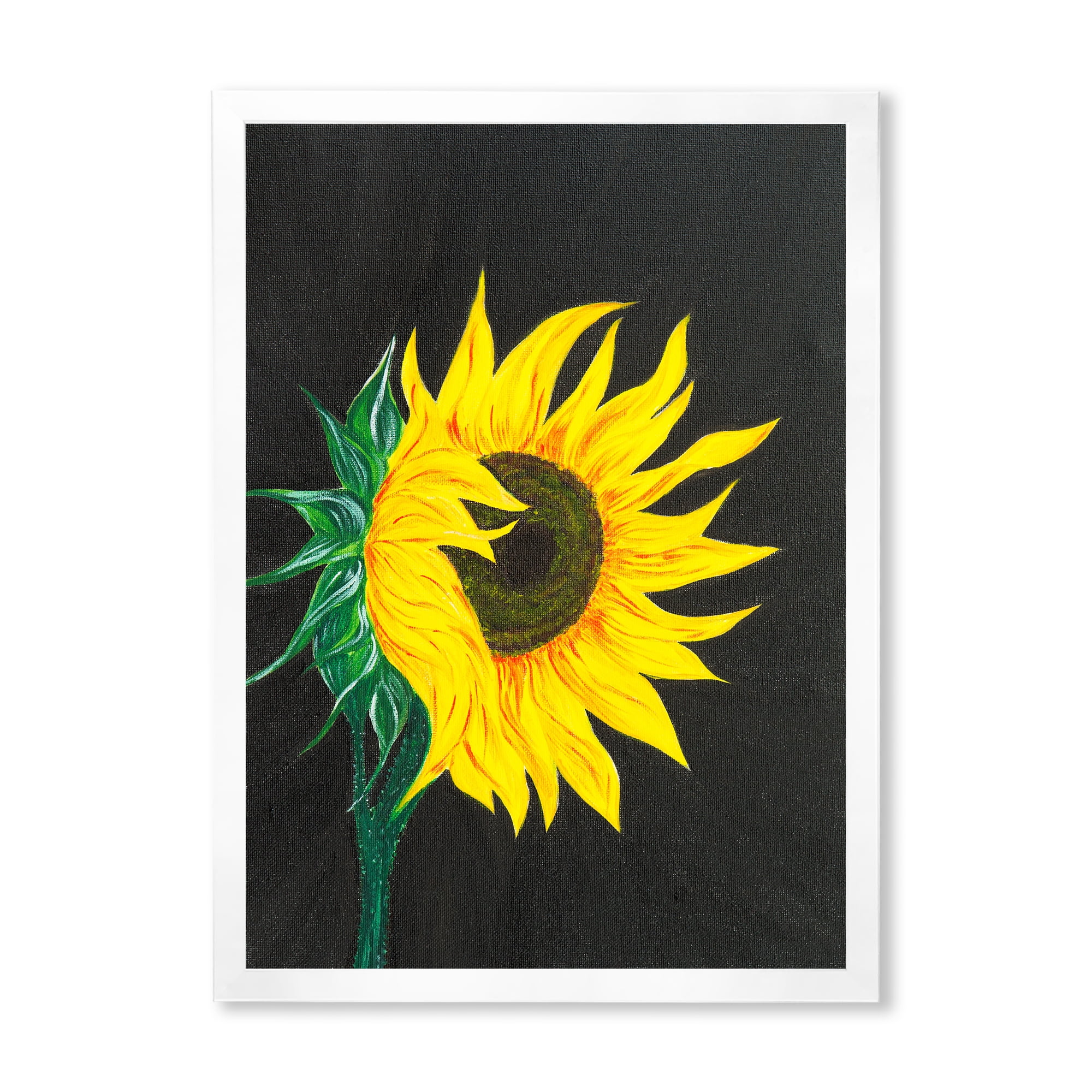 Designart 'Yellow Sunflower On Black' Traditional Framed Art Print