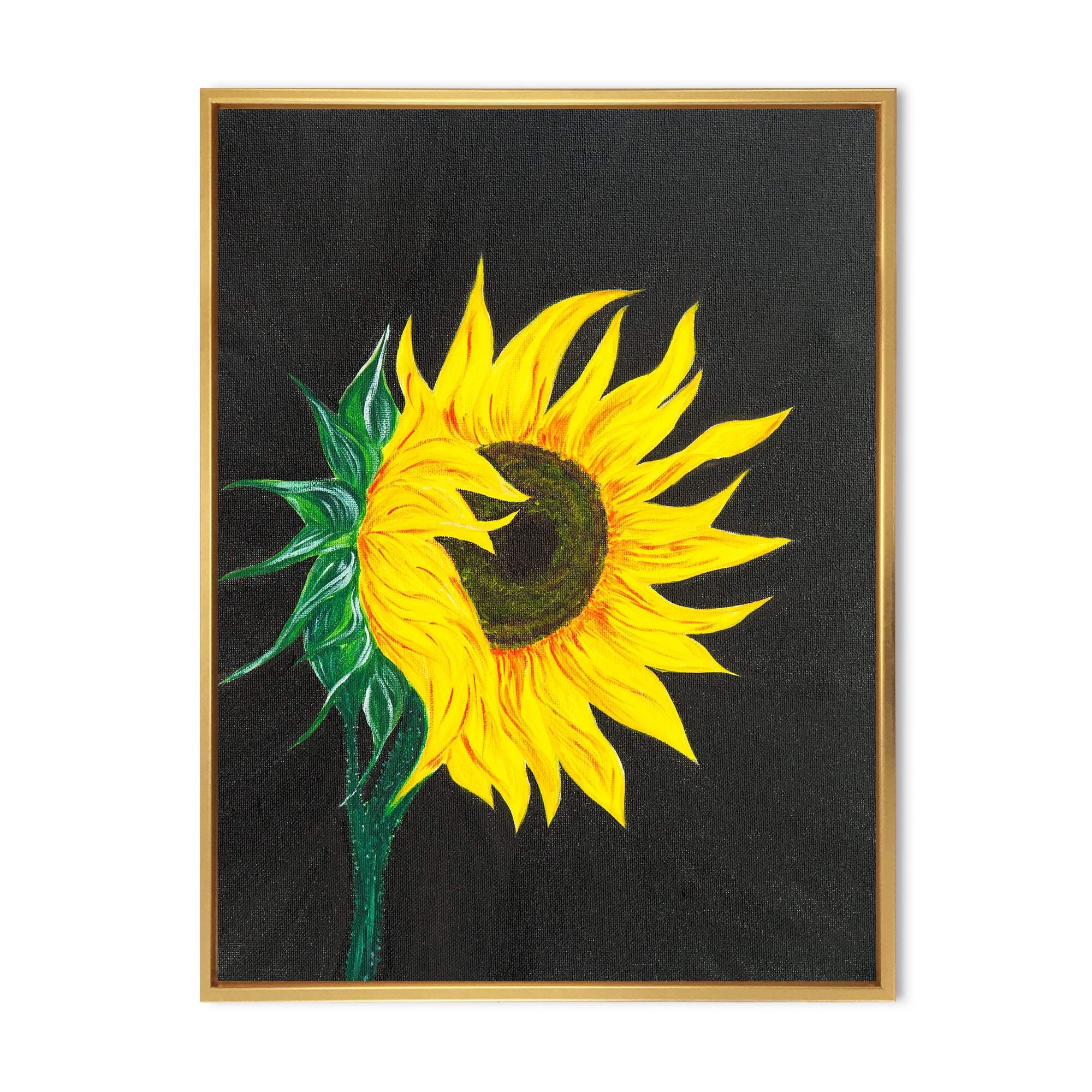 Designart 'Yellow Sunflower On Black' Traditional Framed Canvas Wall Art Print