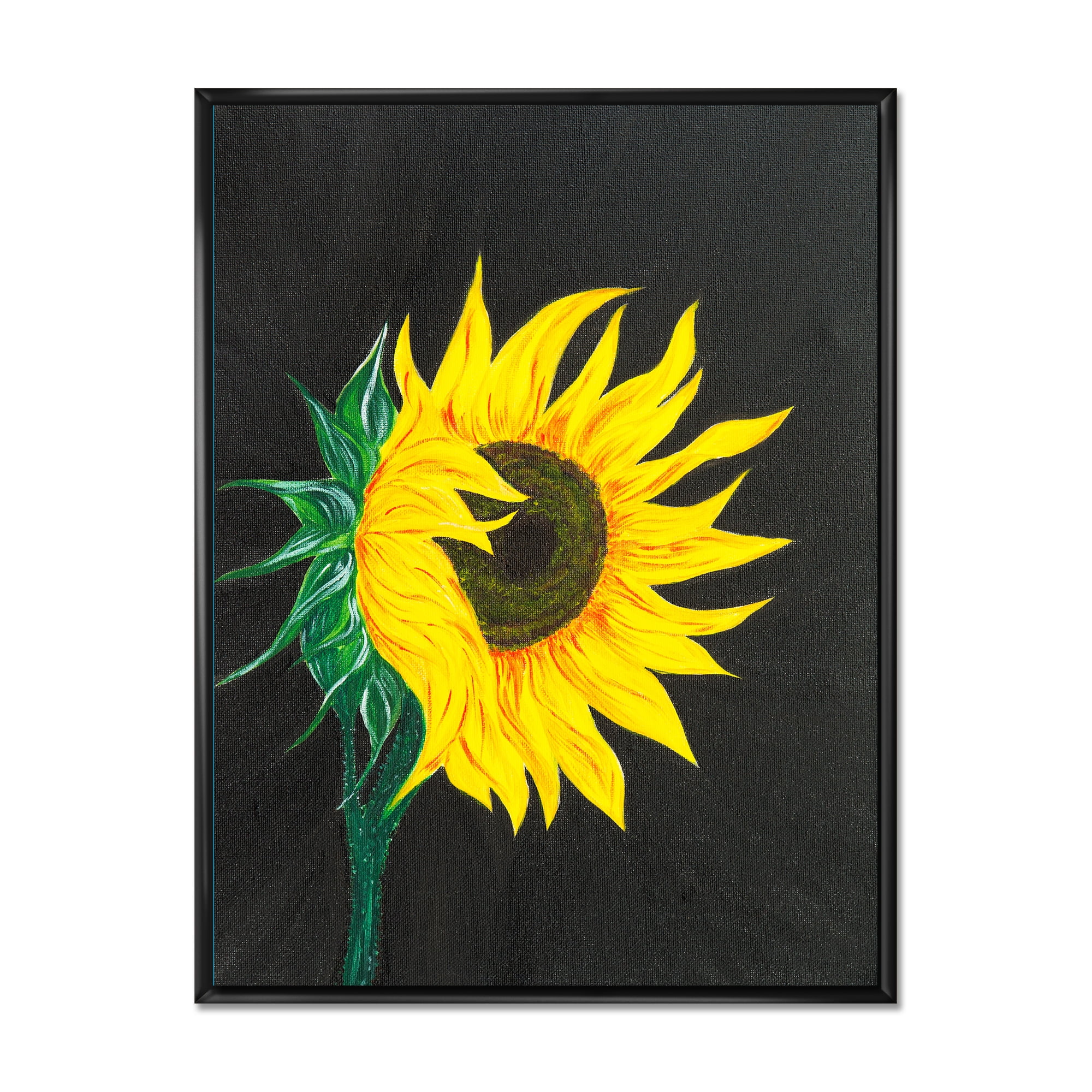 Designart 'Yellow Sunflower On Black' Traditional Framed Canvas Wall Art Print