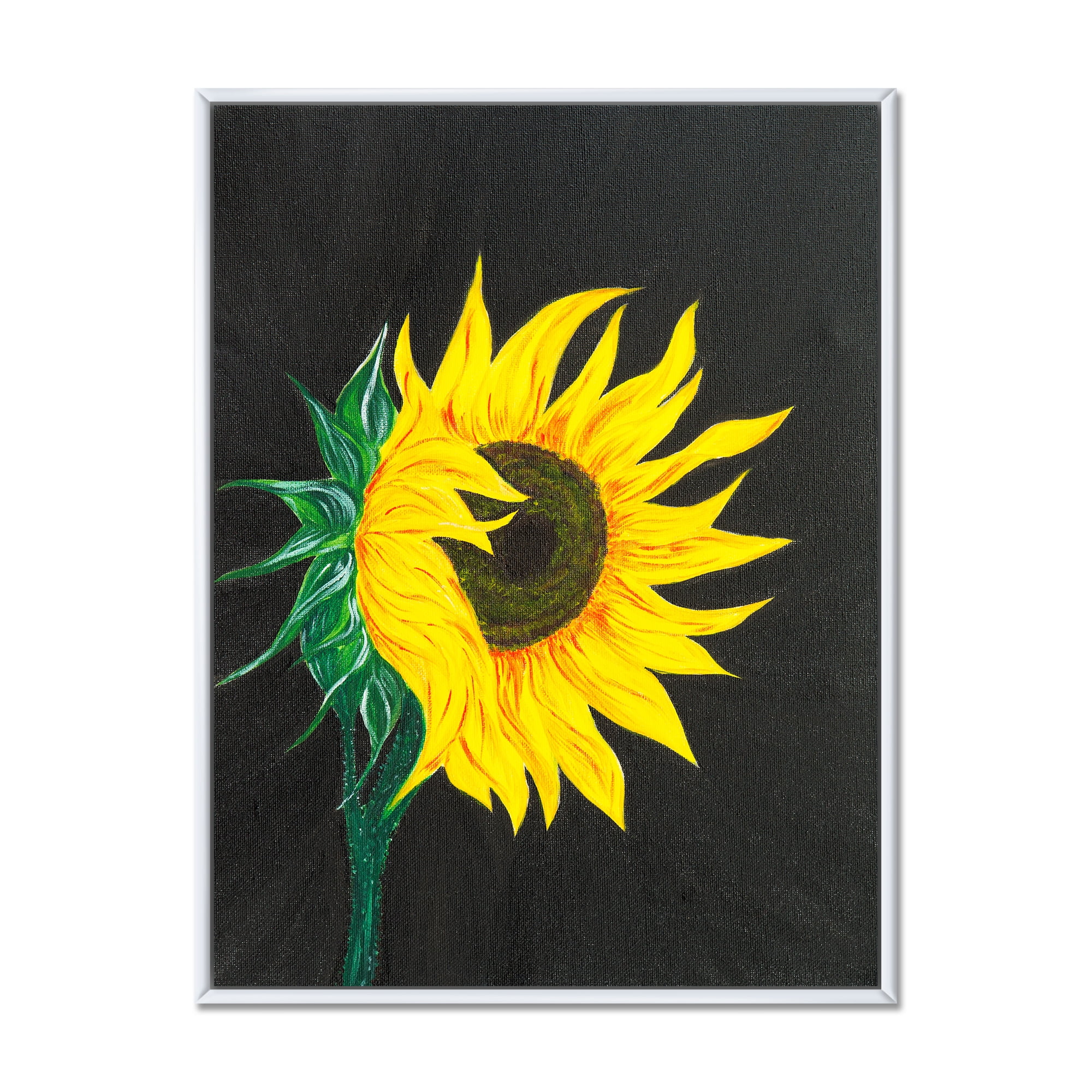 Designart 'Yellow Sunflower On Black' Traditional Framed Canvas Wall Art Print