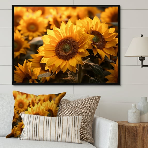 Designart "Yellow Sunflowers landscape" Floral Floater Framed Wall Decor