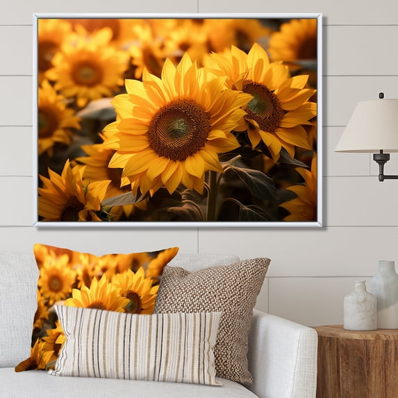 Designart "Yellow Sunflowers landscape" Floral Floater Framed Wall Decor