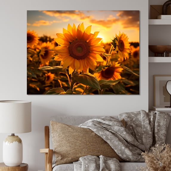 Designart "Yellow Sunflowers landscape Sunrise I" Floral Canvas Art Print