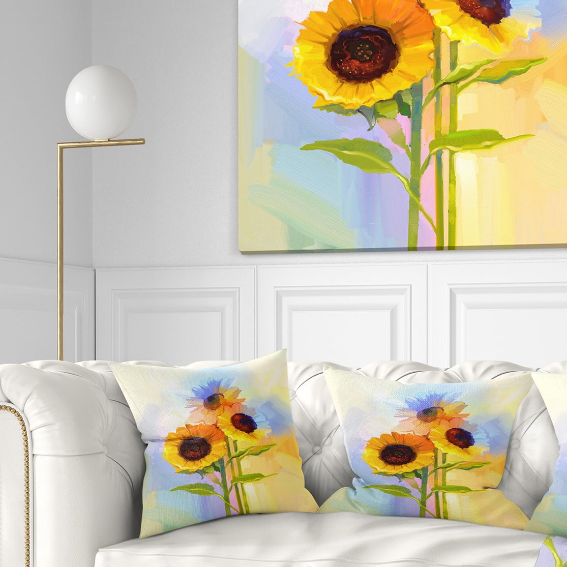 Designart Yellow Sunflowers with Green Leaves - Floral Throw Pillow - 18x18