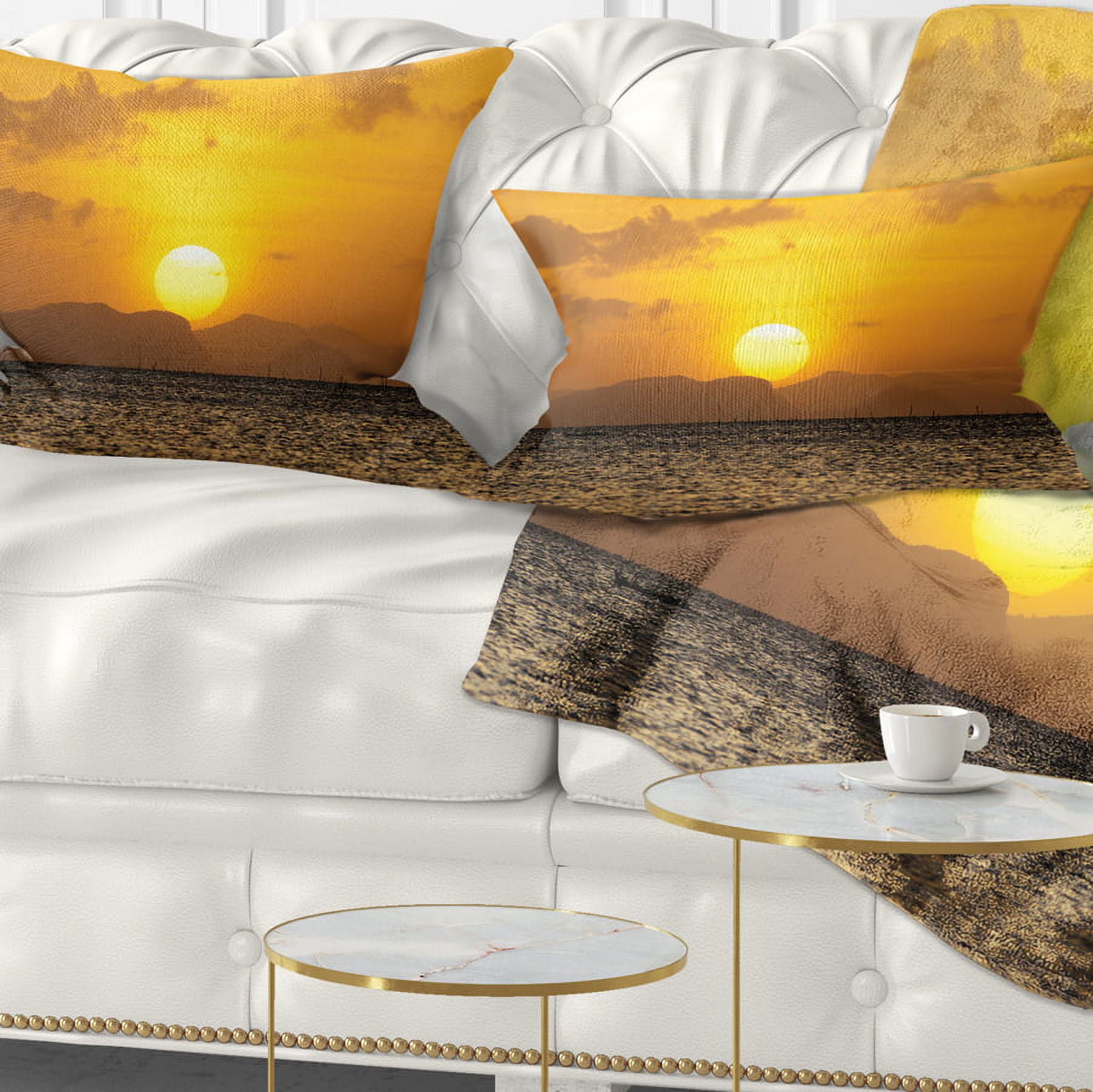 Designart Yellow Sunset and Brown Ocean - Seashore Throw Pillow - 12x20