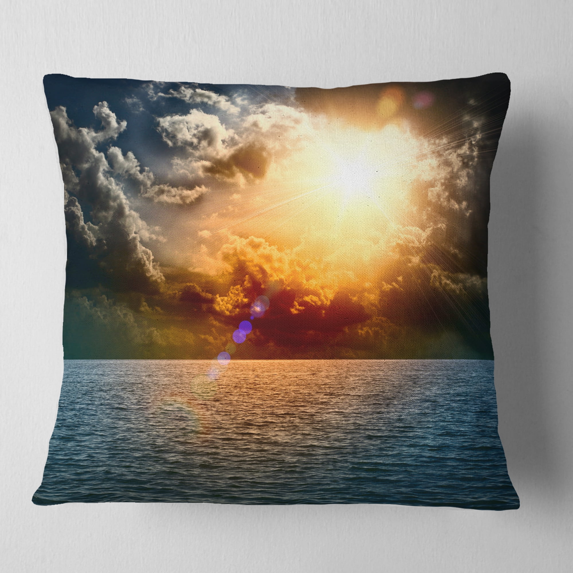 Designart Yellow Sunset in the Middle of Ocean - Beach Photo Throw Pillow - 16x16
