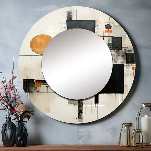 Designart "Yellow Suprematism Geometric Euphony" Abstract Rund Mirror For Wall Decor - Large Yellow Round Printed Mirror -Modern Round Living Room Mirror - 23" x 23"